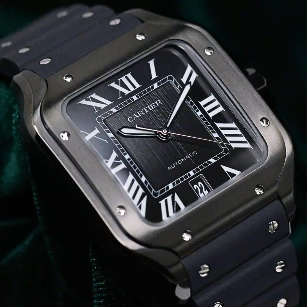 Cartier Santos De Cartier Black Dial Black ADLC Stainless Steel Black Rubber Strap 39.8mm MINT CONDITION COMPLETE SET WSSA0039