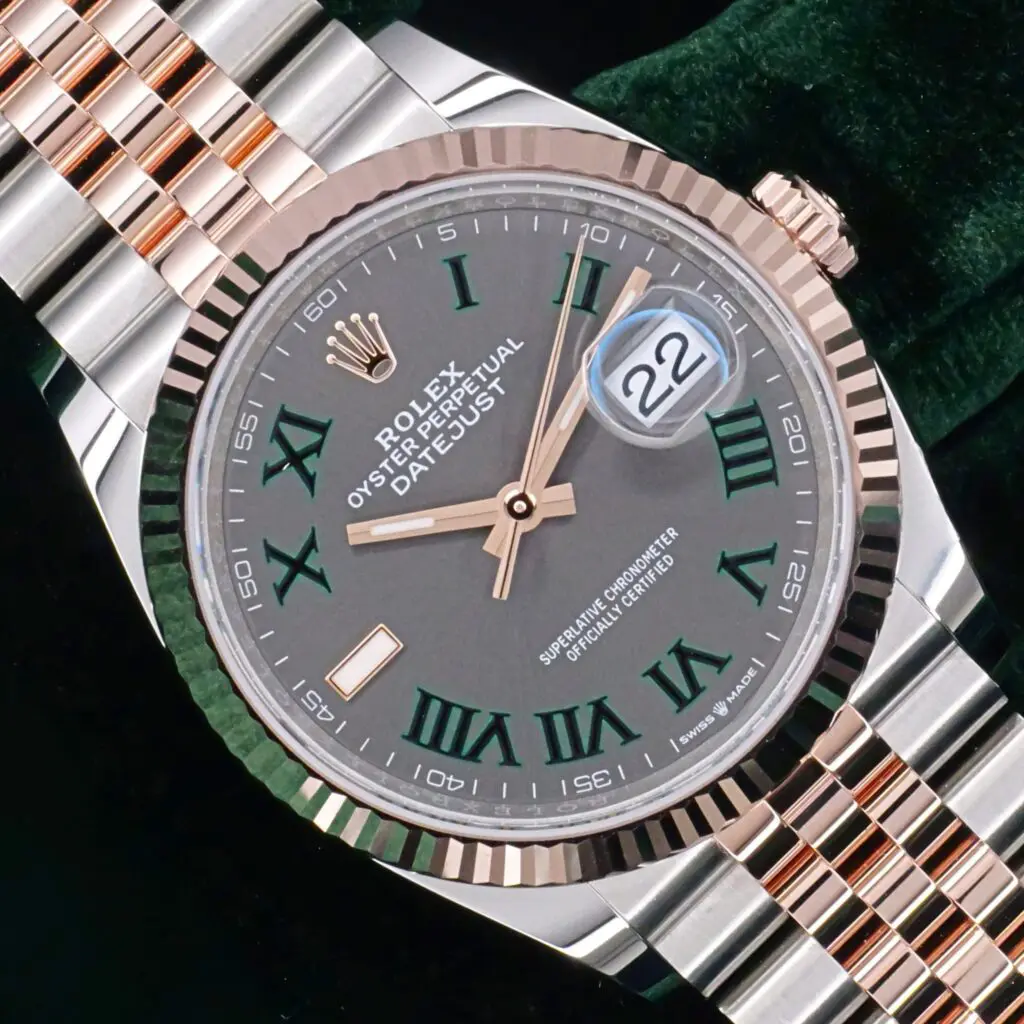 Rolex Datejust 36 Grey Wimbledon Dial Fluted Bezel Jubilee Bracelet Two-Tone Rose Gold Stainless Steel MINT COMPLETE SET 126231