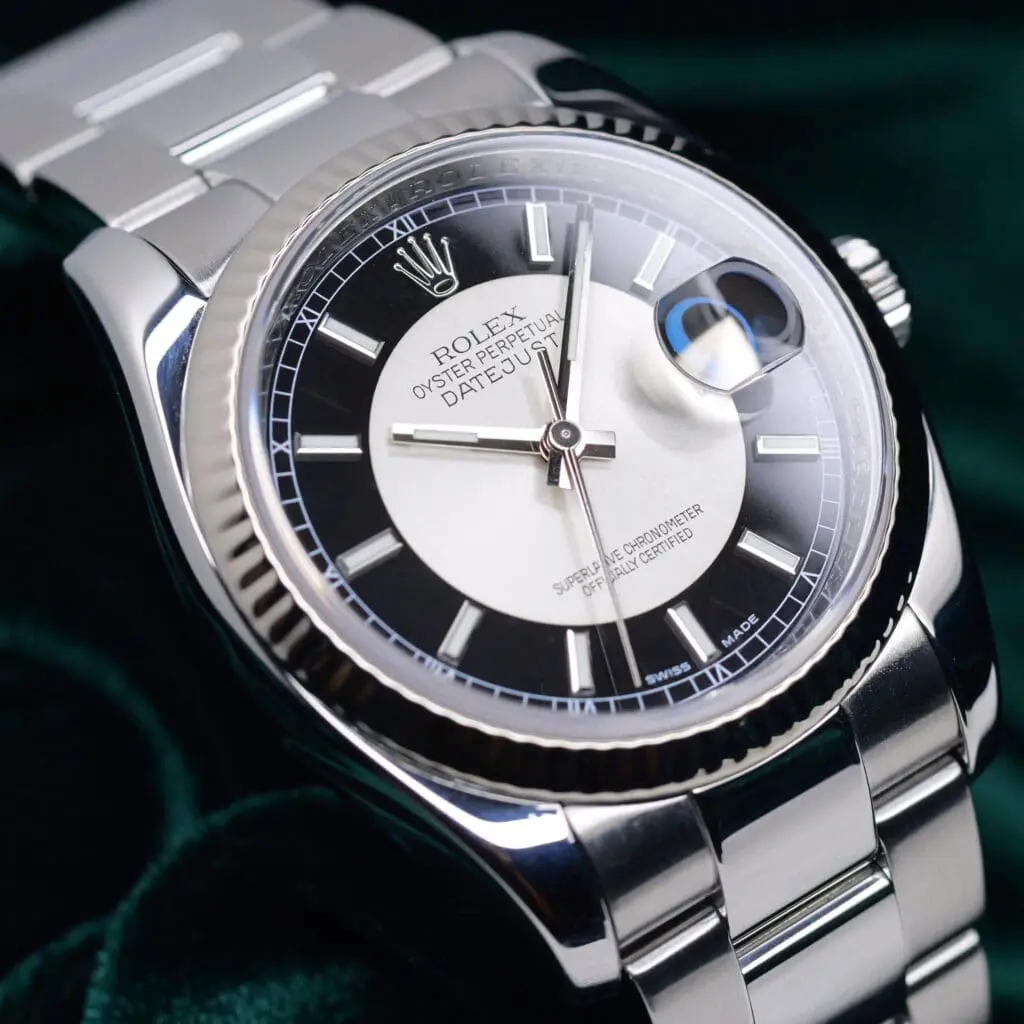 Rolex Datejust “Tuxedo” Black and Silver Dial 18K White Gold Fluted Bezel Stainless Steel Oyster 36mm MINT CONDITION COMPLETE SET 116234