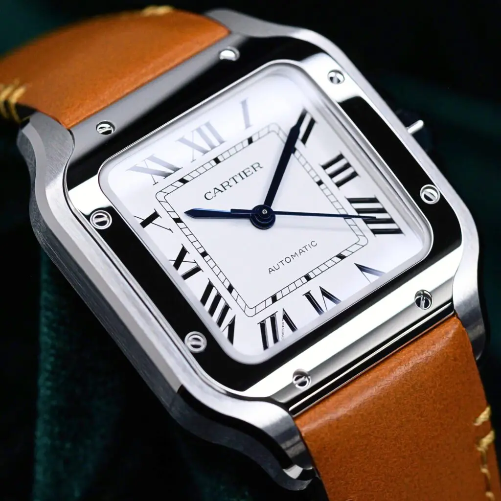 2026 NEW UNWORN Cartier Santos de Cartier Medium Opaline Silver Dial Tan Calfskin Strap Stainless Steel 35mm COMPLETE SET WSSA0029