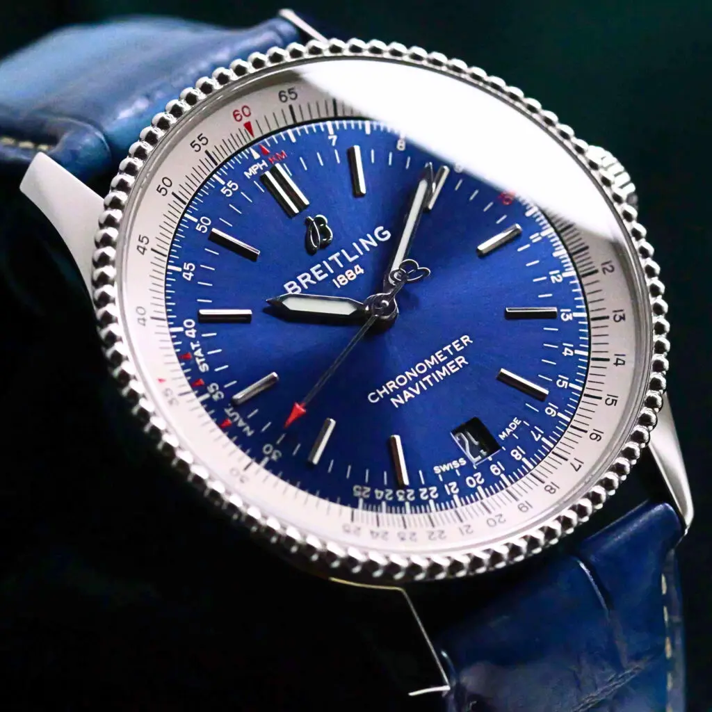Breitling Navitimer Blue Dial Blue Alligator Strap Stainless Steel 38mm MINT CONDITION COMPLETE SET A17325