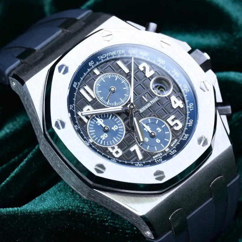 Audemars Piguet Royal Oak Offshore Chronograph Batman Black Dial Blue Accents Blue Rubber Strap Stainless Steel 42mm MINT CONDITION COMPLETE SET 26470ST.OO.A028CR.01