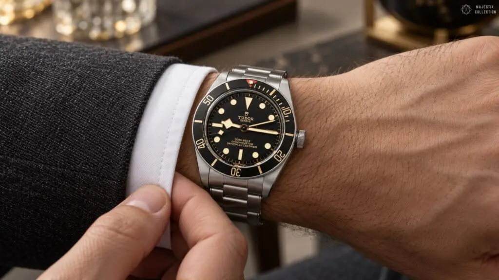Man in a grey suit wearing a steel Tudor Black Bay on a bracelet resting on a wooden table
