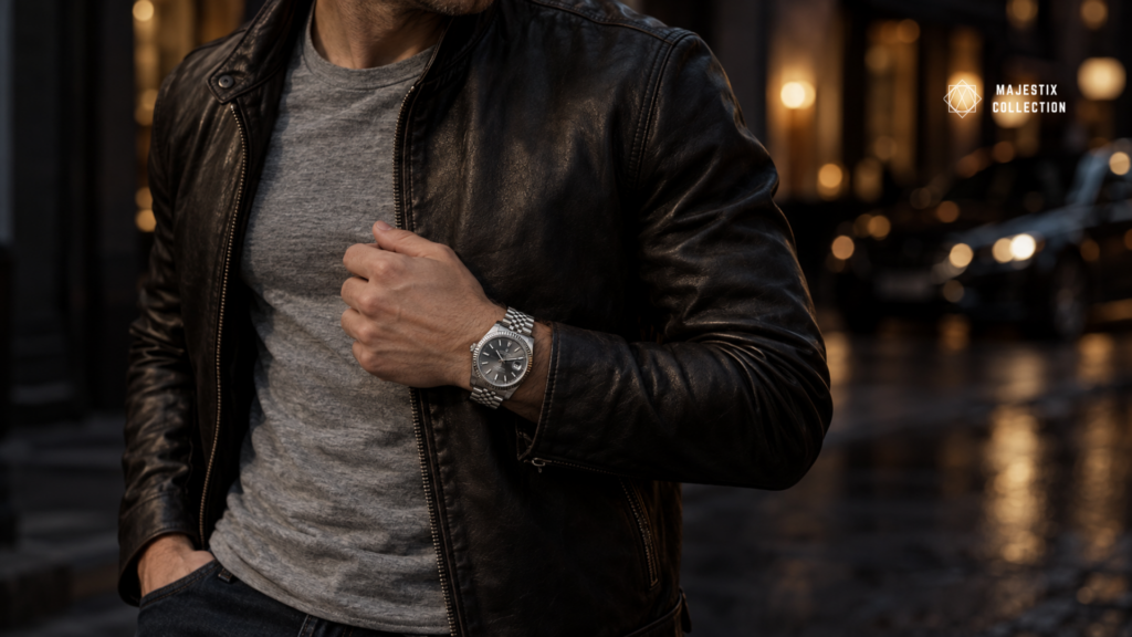 Steel Jubilee bracelet watch worn with a matte leather jacket and dark jeans