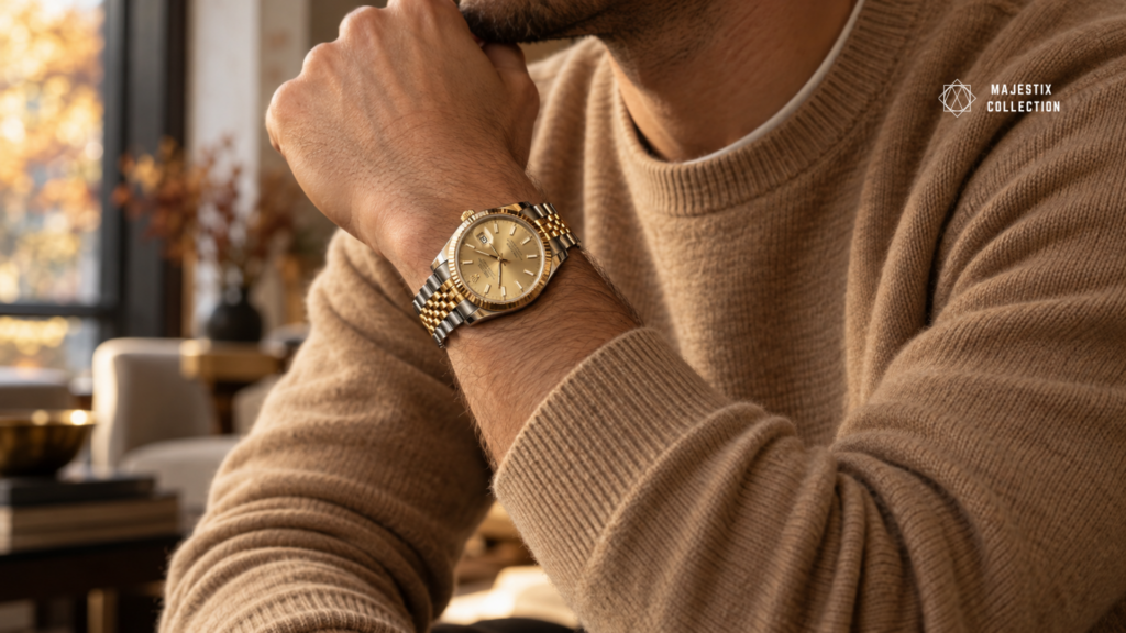 Two-tone Jubilee Datejust with gold center links worn with a camel crewneck knit