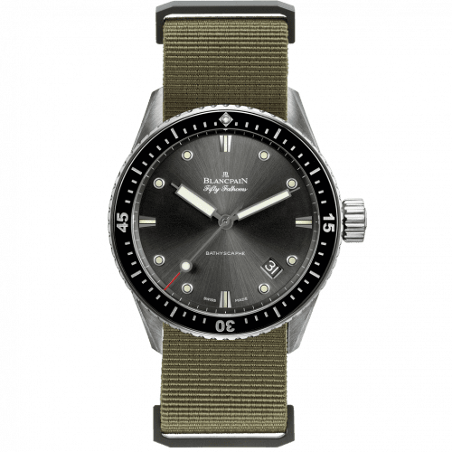 Blancpain Fifty Fathoms Bathyscaphe Stainless Steel / Grey / Sand Nato 5000-1110-NAKA