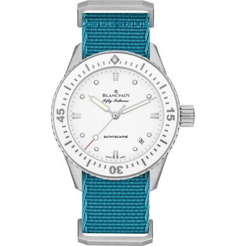Blancpain Fifty Fathoms Bathyscaphe Stainless Steel / White / Baby Blue Nato 5100-1127-NAT