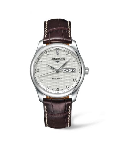 Longines Master Collection 38.5 Day Date Stainless Steel / Silver-Diamond / Alligator XL L2.755.4.77.5