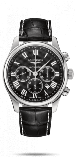 Longines Master Collection 44 Chronograph Stainless Steel / Black-Roman / Alligator L2.859.4.51.7
