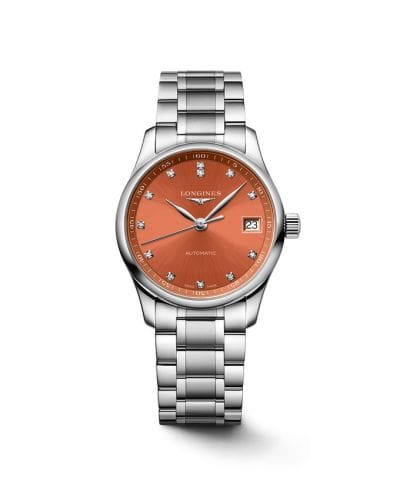 Longines Master Collection Date 34 Stainless Steel / Orange - Diamond / Bracelet L2.357.4.08.6