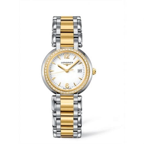 Longines PrimaLuna Quartz 30 Stainless Steel / Yellow Gold / Diamond / White / Bracelet L8.112.5.94.6