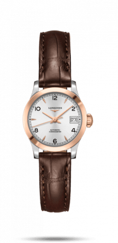Longines Record 26mm Stainless Steel / Pink Gold / Silver-Arabic / Alligator L2.320.5.76.2