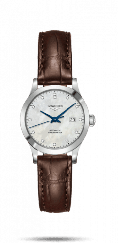 Longines Record 30mm Stainless Steel / MOP-Diamond / Alligator L2.321.4.87.2