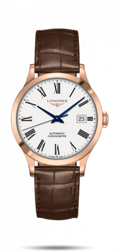 Longines Record 38.5mm Pink Gold / White-Roman / Alligator L2.820.8.11.2