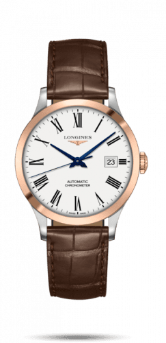 Longines Record 38.5mm Stainless Steel / Pink Gold / White-Roman / Alligator L2.820.5.11.2