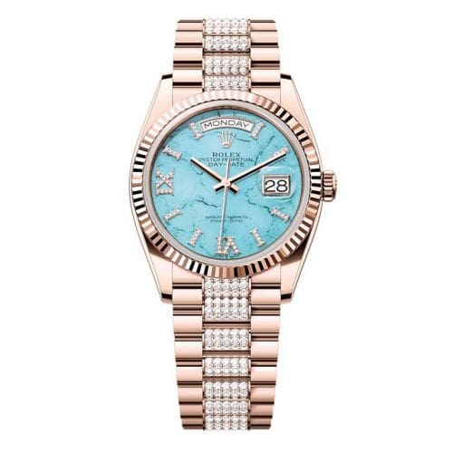 Rolex Day-Date 36 Everose Gold - Fluted / Turquoise / President - Diamond 128235-0065