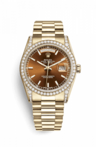 Rolex Day-Date 36 Yellow Gold Diamonds / President / Cognac 118388-0133