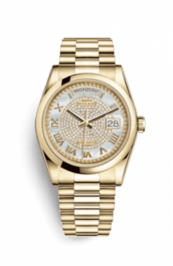 Rolex Day-Date 36 Yellow Gold Domed / President / Paved Roman 118208-0313