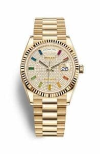 Rolex Day-Date 36 Yellow Gold / Fluted / Paved-Rainbow / President 128238-0051