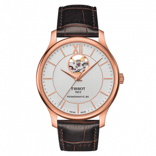 Tissot Tradition Powermatic 80 Open Heart 40 Rose Gold / Silver / Strap T063.907.36.038.00