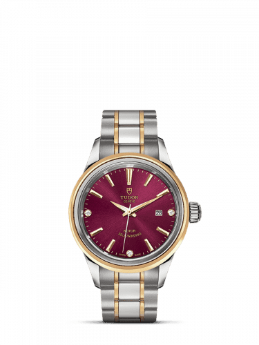 Tudor Style 28 Stainless Steel / Yellow Gold / Burgundy-Diamond / Bracelet 12103-0015