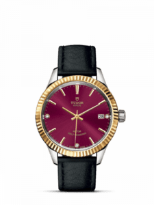 Tudor Style 34 Stainless Steel / Yellow Gold / Fluted / Burgundy-Diamond / Strap 12313-0024