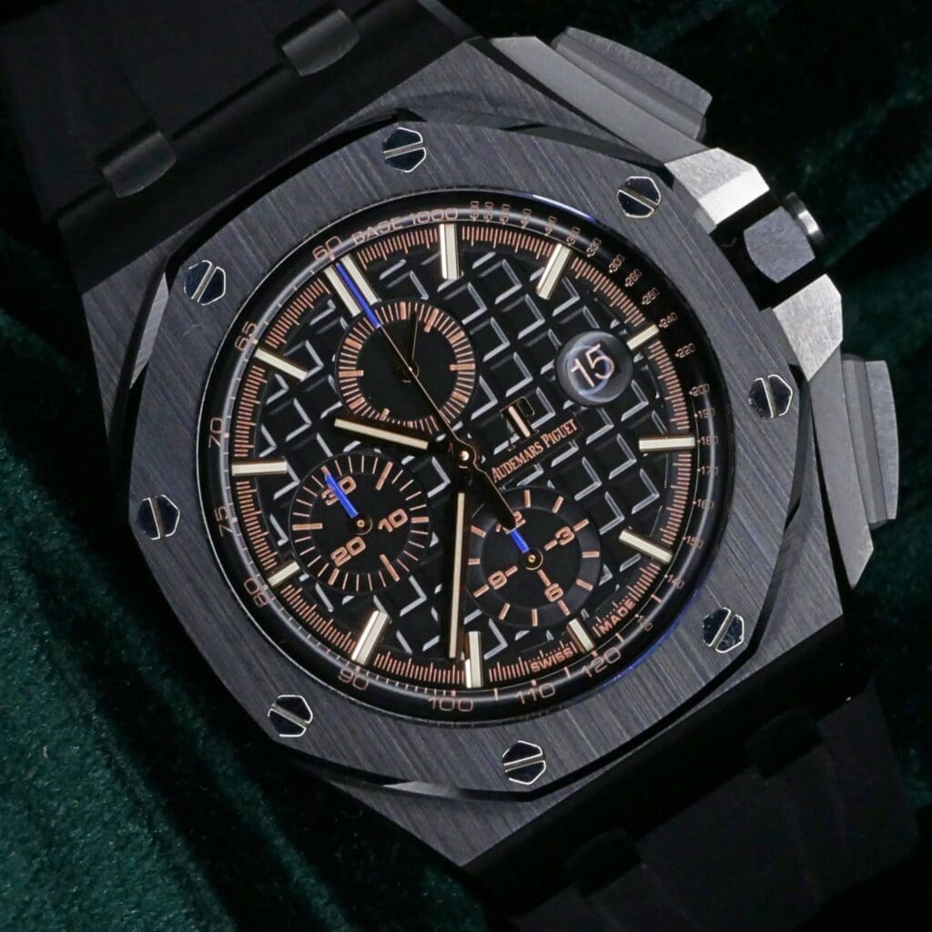 Audemars Piguet Royal Oak Offshore Chronograph 44mm Black Ceramic Gold Hands COMPLETE SET NEAR MINT CONDITION 26405CE.A002CA.02