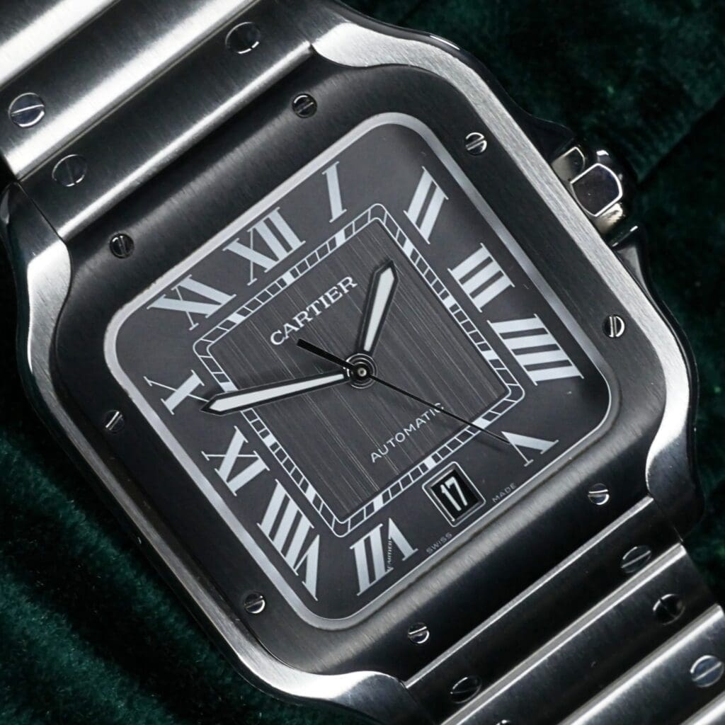 Cartier Santos de Cartier Large Gray Dial Black ADLC Stainless Steel COMPLETE SET MINT CONDITION WSSA0037