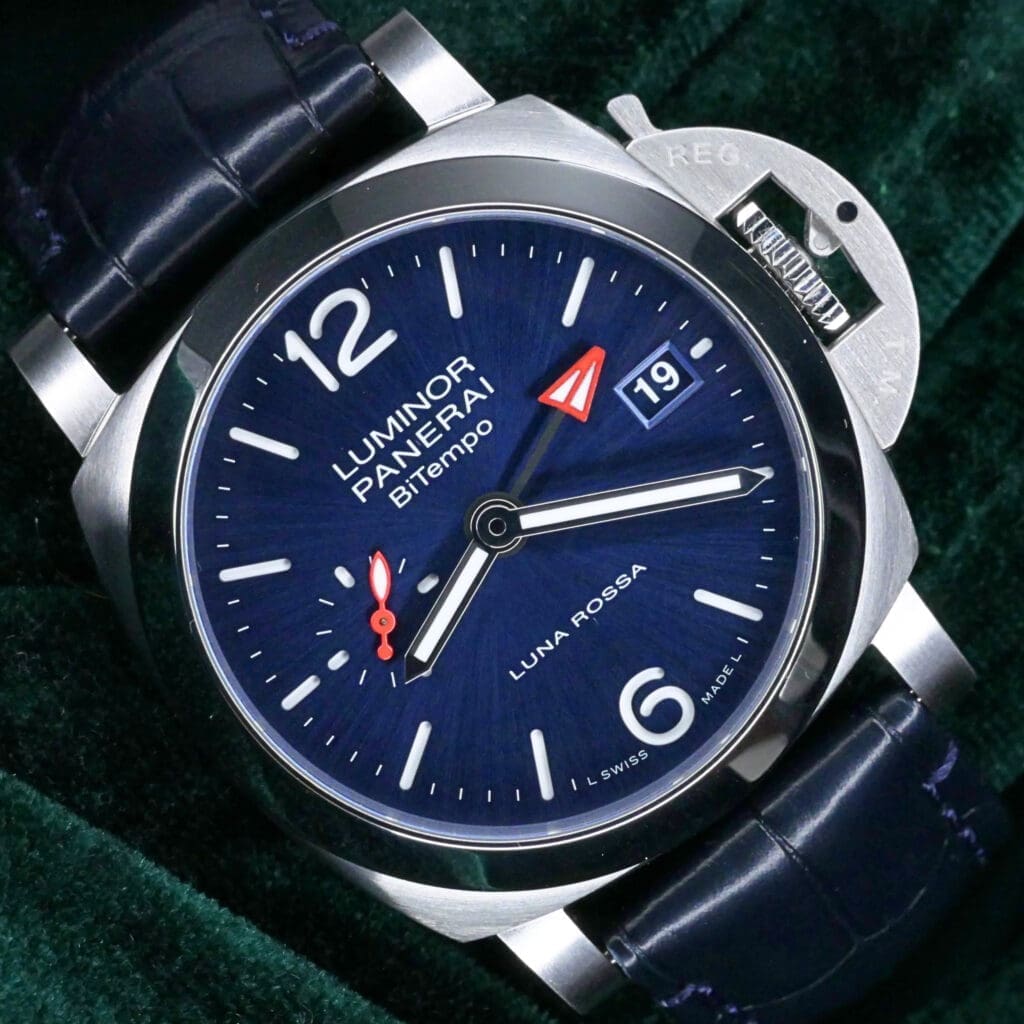 2023 Panerai Luminor Quaranta Bitempo Luna Rossa 40mm Blue Sunburst Dial Stainless Steel EXTRA STRAPS COMPLETE SET MINT CONDITION PAM01404