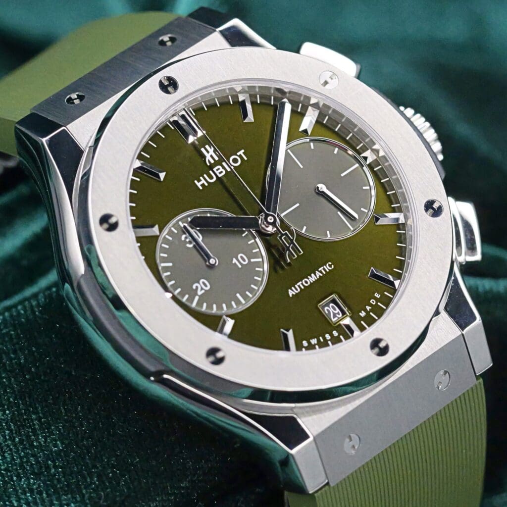 Hublot Classic Fusion Chronograph Green Sunray Dial Green Rubber Strap Titanium 45mm MINT CONDITION 521.NX.8970.LR