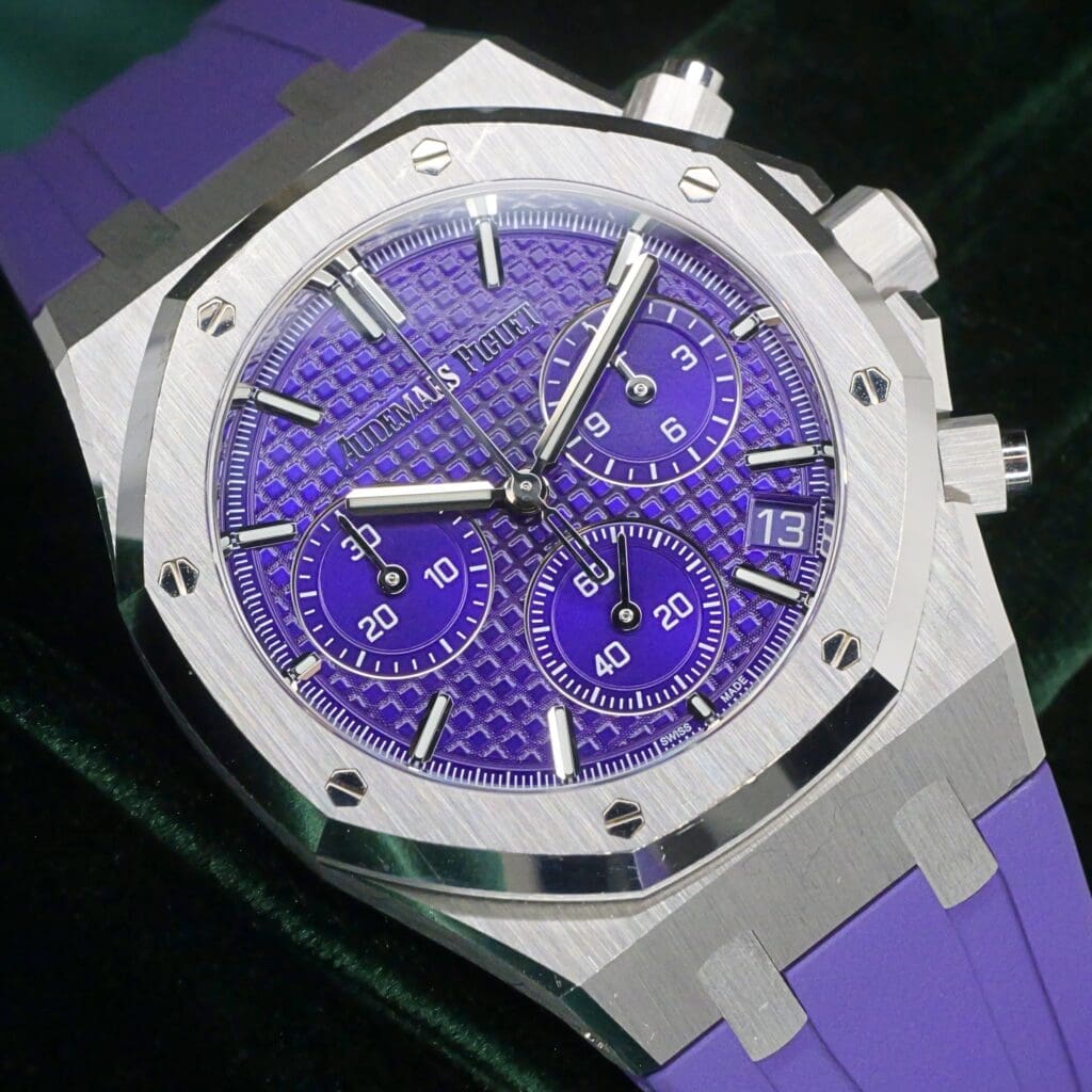 Audemars Piguet Royal Oak Selfwinding Chronograph 41MM Purple Dial White Gold Purple Strap COMPLETE SET EXCELLENT CONDITION 26240BC.OO.1320BC.01
