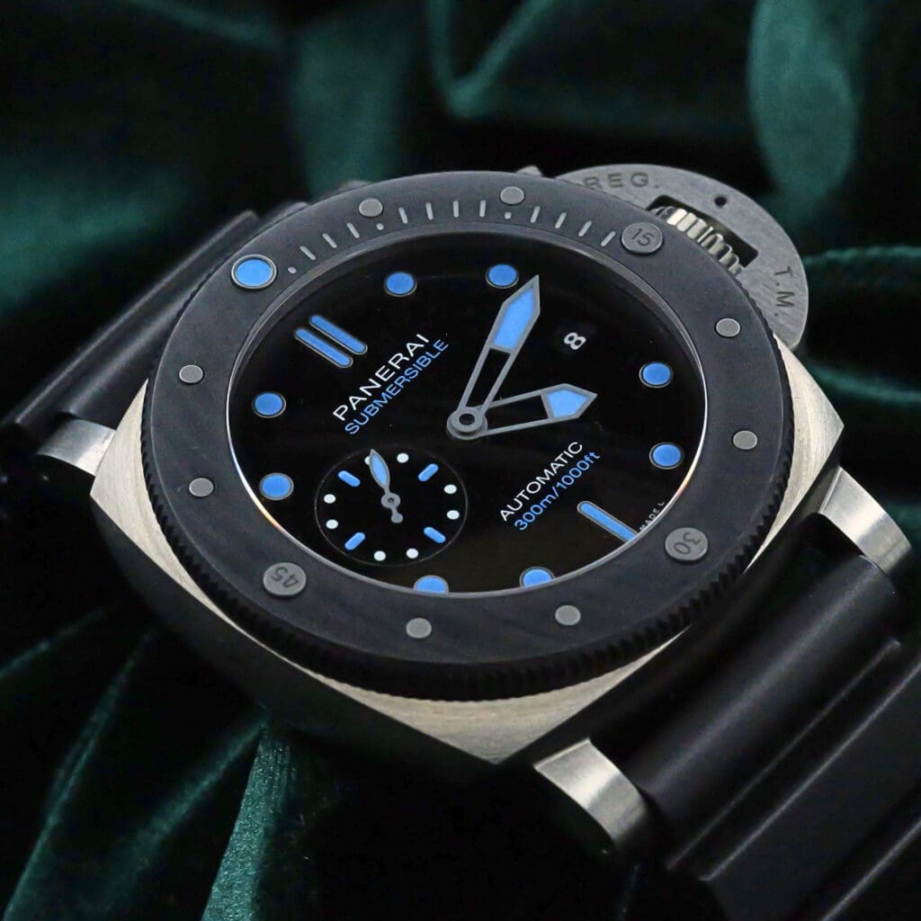 Panerai Submersible BMG-Tech 47MM Carbon Bezel Black Dial Blue Accents Black Rubber Strap COMPLETE SET MINT CONDITION PAM00799