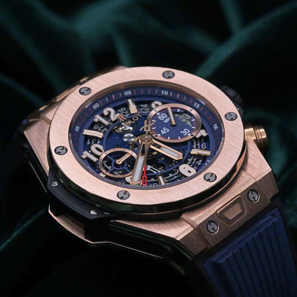 Hublot Big Bang Unico King Gold 45MM Blue Skeleton Dial Blue Rubber Strap Rose Gold MINT CONDITION 411.OX.5189.RX