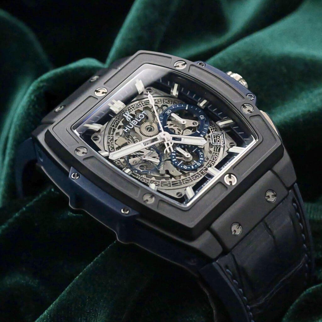 Hublot Spirit of Big Bang Chronograph 45MM Blue Ceramic Black Bezel Blue Alligator Strap MINT CONDITION COMPLETE SET 601.CI.7170.LR