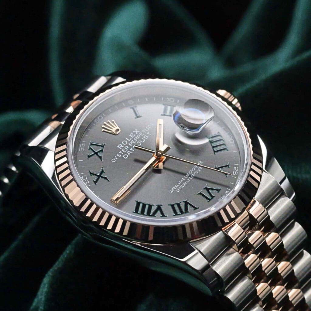 Rolex Datejust 36 Grey Wimbledon Dial Fluted Bezel Jubilee Bracelet Two-Tone Rose Gold Stainless Steel MINT COMPLETE SET 126231