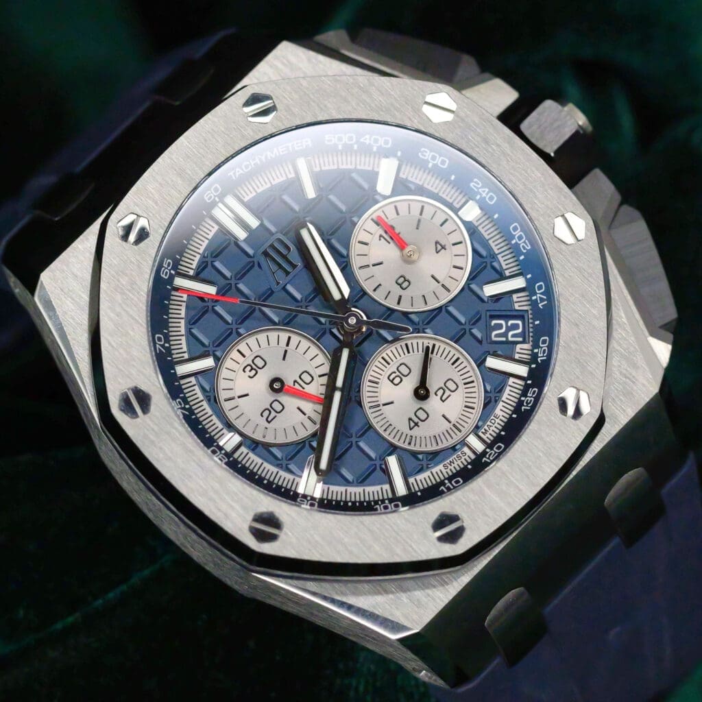 Audemars Piguet Royal Oak Offshore Chronograph Blue Dial Grey Subdials Navy Blue Rubber Strap Titanium 43mm MINT CONDITION COMPLETE SET 26420TI.OO.A027CA.01