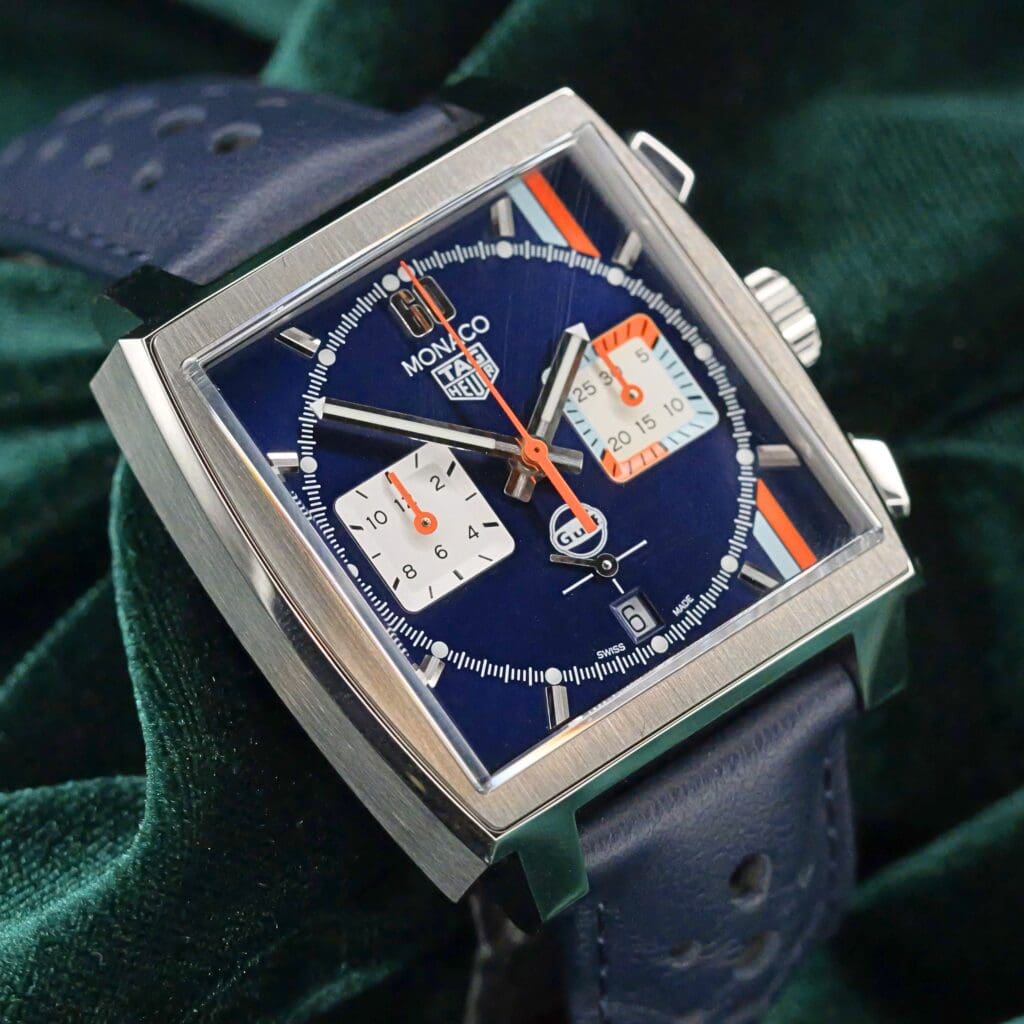 Tag Heuer Monaco Chronograph Gulf Blue Dial Blue Leather Strap Stainless Steel 39mm MINT CONDITION FULL SET CBL2115.FC6494