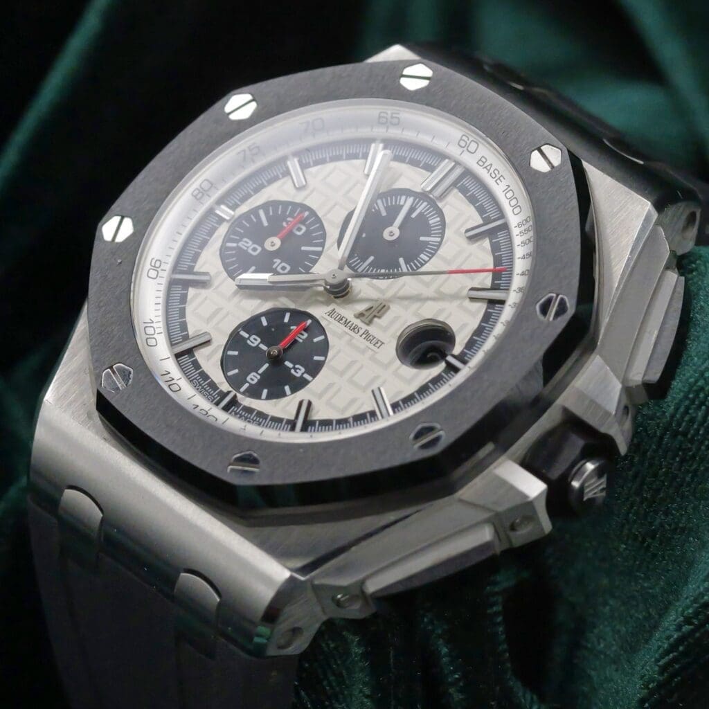 Audemars Piguet Royal Oak Offshore Chronograph "Panda" White Dial Black Subdials Black Ceramic Bezel Black Rubber Strap Stainless Steel 44mm MINT CONDITION COMPLETE SET 26400SO.OO.A002CA.01