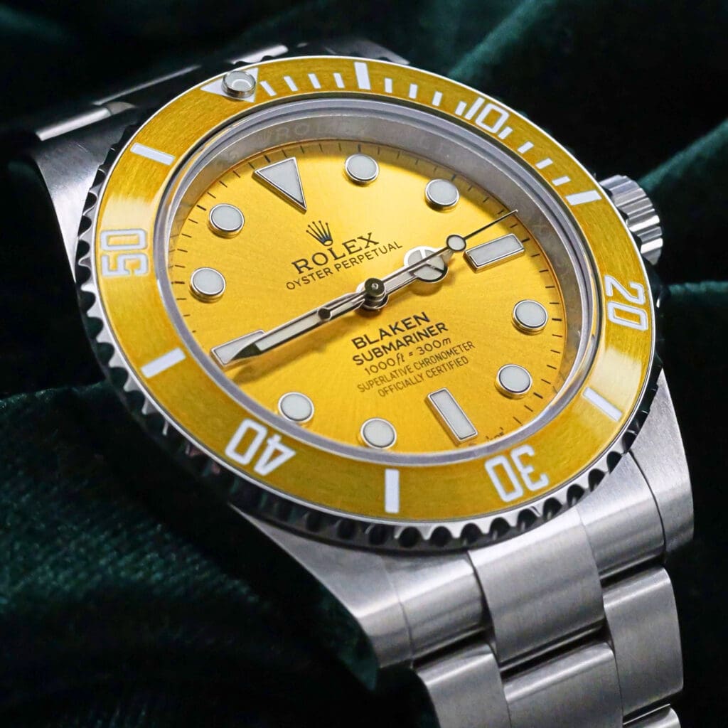 Rolex Submariner No Date BLAKEN Yellow Sunburst Dial Yellow Ceramic Bezel Oyster Bracelet Stainless Steel 41mm MINT CONDITION COMPLETE SET 124060
