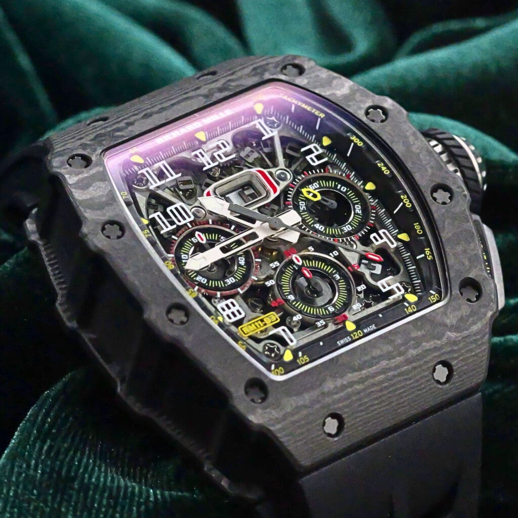 Richard Mille Carbon Fiber Titanium Flyback Carbon Bezel Skeleton Dial Black Rubber Strap 50mm MINT CONDITION COMPLETE SET RM11-03