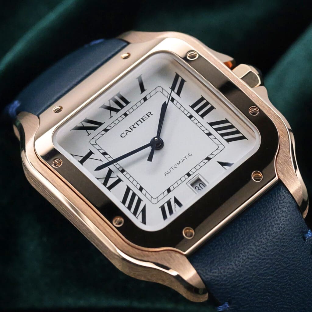 Cartier Santos 18k Rose Gold Roman Numerals Blue Leather Strap 39.8mm MINT CONDITION COMPLETE SET Extra Leather Strap WGSA0019
