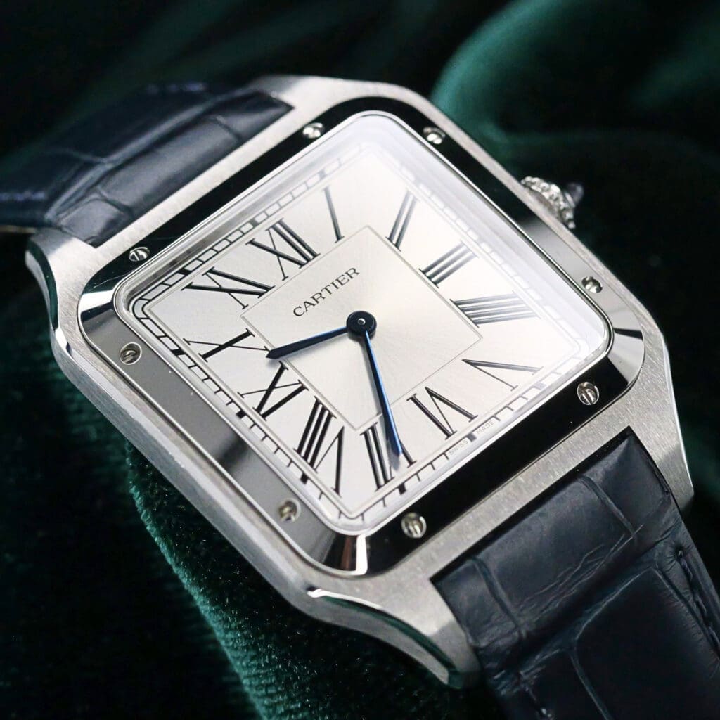 2024 Cartier Santos Dumont XL Silver Dial Blue Alligator Leather Strap Stainless Steel MINT CONDITION COMPLETE SET WSSA0032