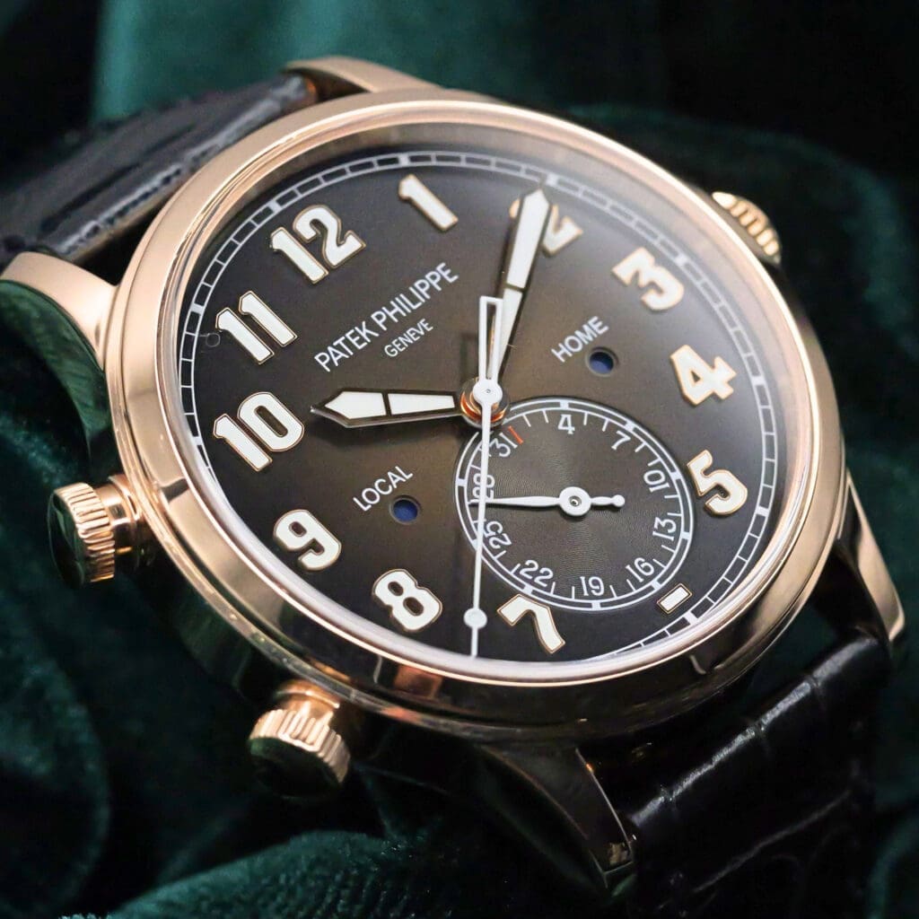 Patek Philippe "Calatrava" Pilot Travel Time  Brown Dial Black Alligator Leather Strap Rose Gold 42mm MINT CONDITION COMPLETE SET 5524R-001