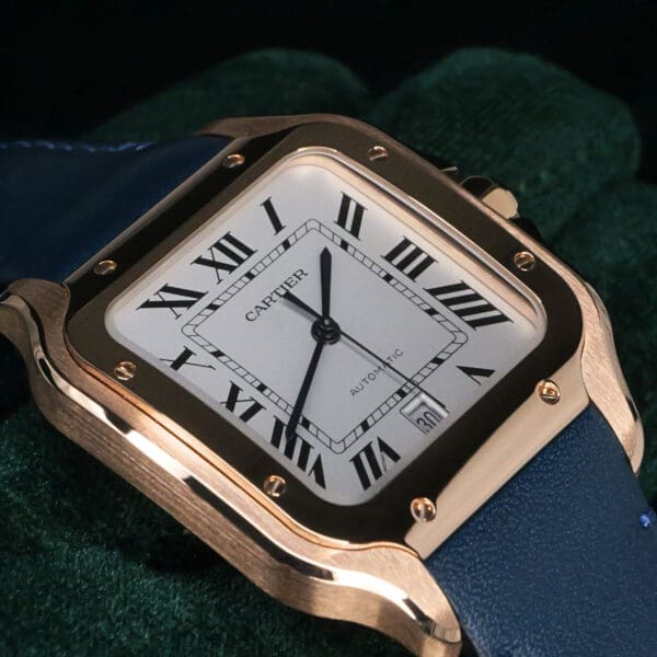 Cartier Santos 18k Rose Gold Roman Numerals Blue Leather Strap