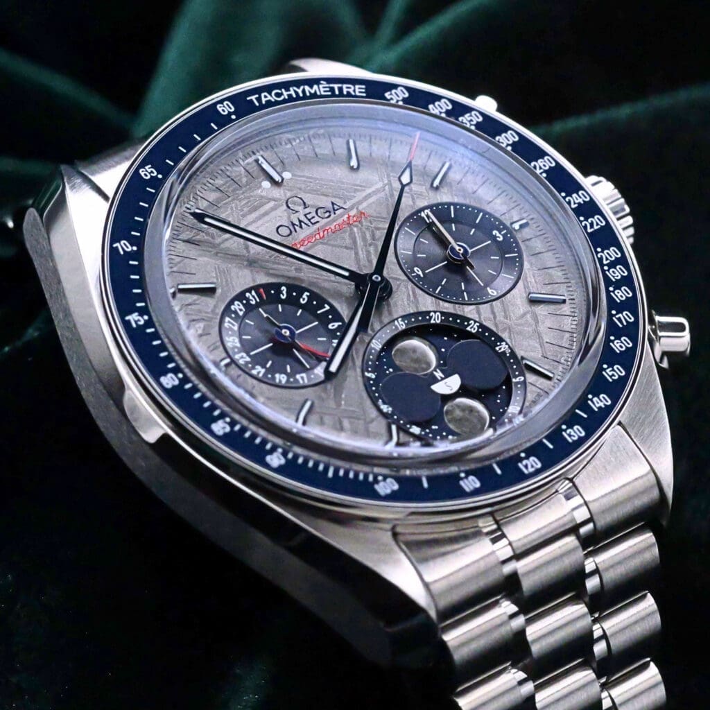 2025 Omega Speedmaster Moonphase Meteorite Grey Dial Navy Blue Sub Dials Blue Ceramic Bezel Stainless Steel 43mm MINT CONDITION COMPLETE SET 304.30.43.52.06.001