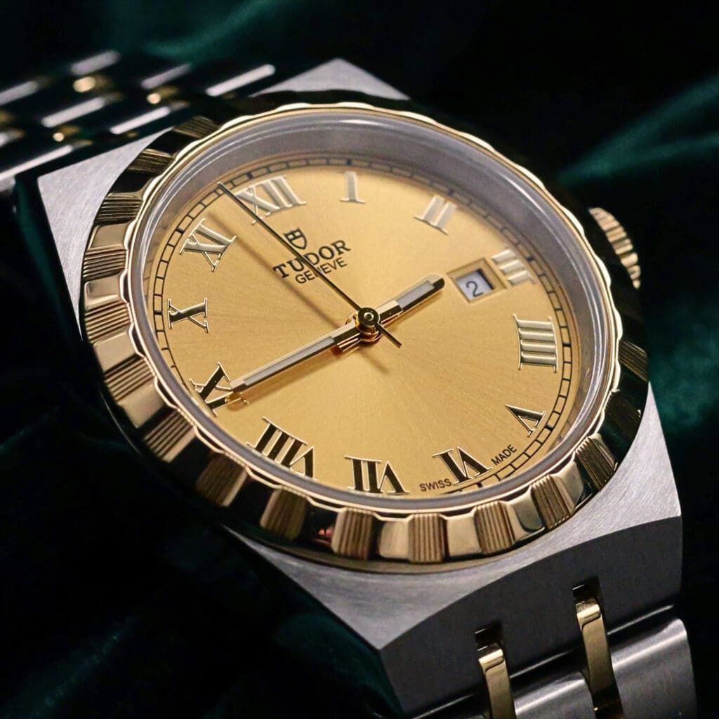 2025 NEW UNWORN Tudor Royal Champagne Roman Dial Notched Yellow Gold Bezel Two-Tone Yellow Gold Stainless Steel Bracelet 28mm COMPLETE SET M28303-0004