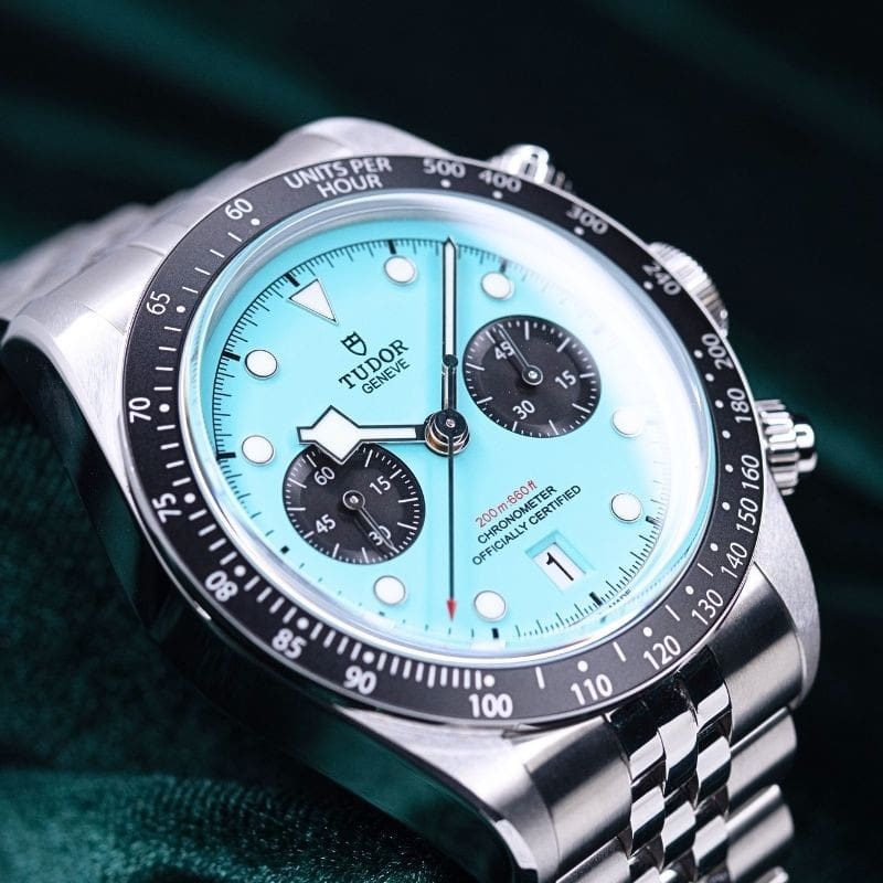 2026 NEW UNWORN Tudor Black Bay Chronograph "Flamingo Blue" Turquoise Dial Black Subdial Matte Black Anodized Aluminum Bezel Jubilee Bracelet Stainless Steel 41mm COMPLETE SET 79360N