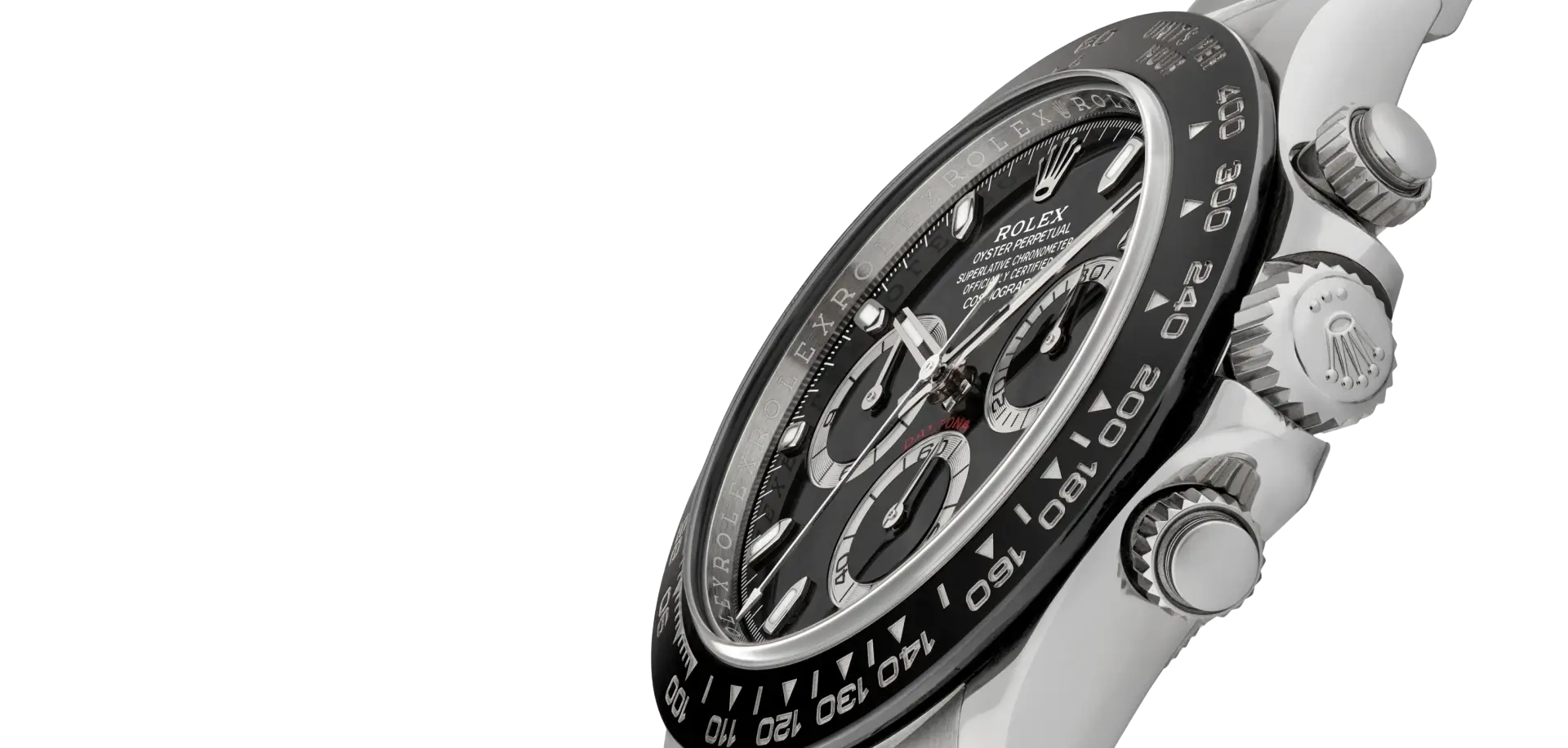 Rolex Cosmograph Daytona with black ceramic bezel, seen at an angle
