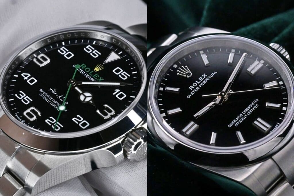 rolex air king vs oyster perpetual close up Side-by-Side