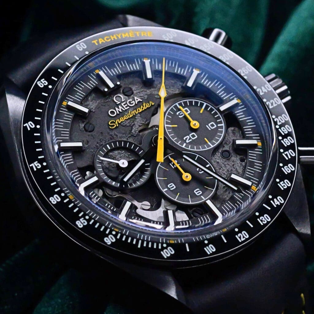 Omega Speedmaster Dark Side of the Moon Black Skeletonized Moon Dial Yellow Accents Black Leather Strap Ceramic 44.25mm MINT CONDITION COMPLETE SET 311.92.44.30.01.001